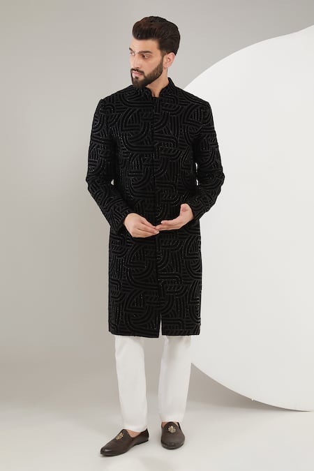 Kasbah Black Velvet Embroidered Cutdana And Threadwork Sherwani Set 