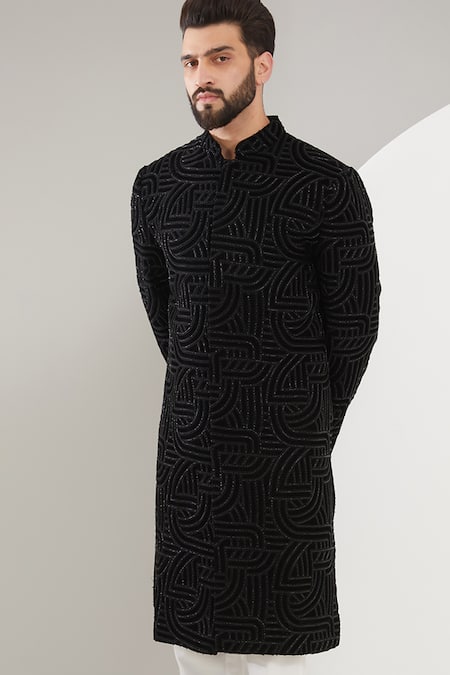 Buy_Kasbah_Black Velvet Cut Work Cutdana And Threadwork Sherwani Set _Online_at_Aza_Fashions