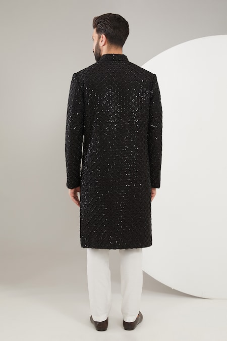 Shop_Kasbah_Black Silk, Cotton Cut Work, Sequins Cutdana And Embroidered Sherwani Set _at_Aza_Fashions
