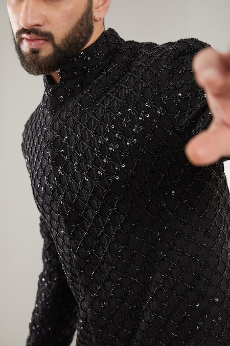 Kasbah_Black Silk, Cotton Cut Work, Sequins Cutdana And Embroidered Sherwani Set _Online_at_Aza_Fashions