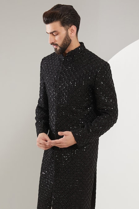 Buy_Kasbah_Black Silk, Cotton Cut Work, Sequins Cutdana And Embroidered Sherwani Set _Online_at_Aza_Fashions