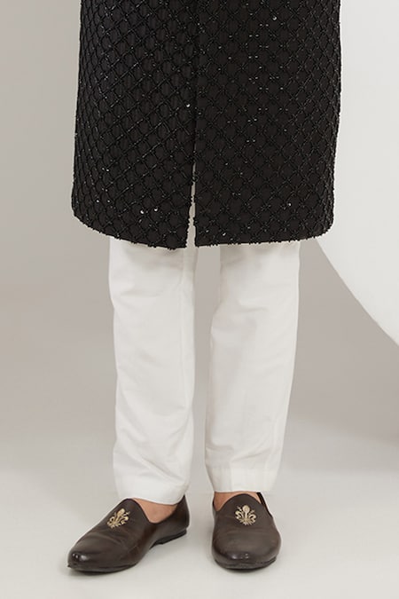 Shop_Kasbah_Black Silk, Cotton Cut Work, Sequins Cutdana And Embroidered Sherwani Set _Online_at_Aza_Fashions