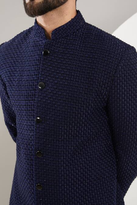 Kasbah_Blue Velvet Cut Work, Embroidery Thread And Cutdana Sherwani _Online_at_Aza_Fashions