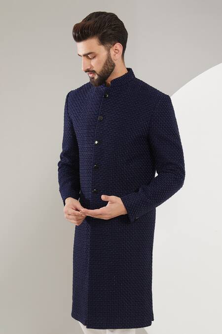 Buy_Kasbah_Blue Velvet Cut Work, Embroidery Thread And Cutdana Sherwani _Online_at_Aza_Fashions