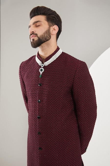 Kasbah Maroon Velvet, Cotton Cut Work, Embroidery Cutdana Sherwani Set Online at Aza Fashions Kasbah_Maroon Velvet, Cotton Cut Work, Embroidery Cutdana Sherwani Set _Online_at_Aza_Fashions