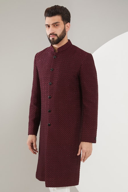 Shop Kasbah Maroon Velvet, Cotton Cut Work, Embroidery Cutdana Sherwani Set Online at Aza Fashions Shop_Kasbah_Maroon Velvet, Cotton Cut Work, Embroidery Cutdana Sherwani Set _Online_at_Aza_Fashions