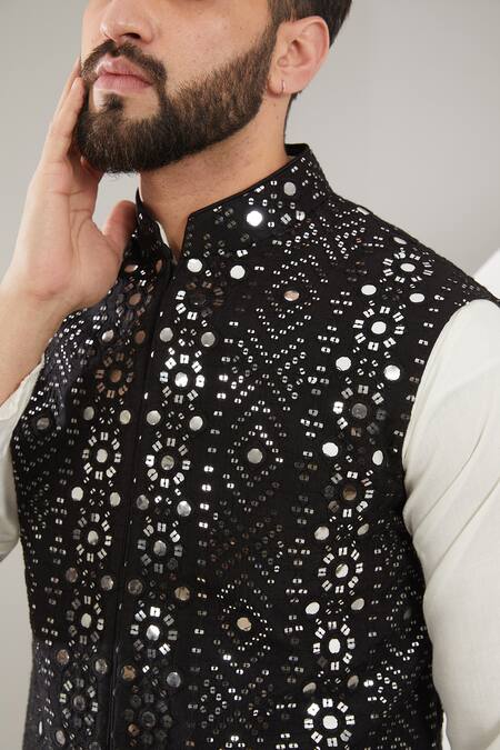 Kasbah_Black Silk Mirrors Embroidered Nehru Jacket _Online_at_Aza_Fashions