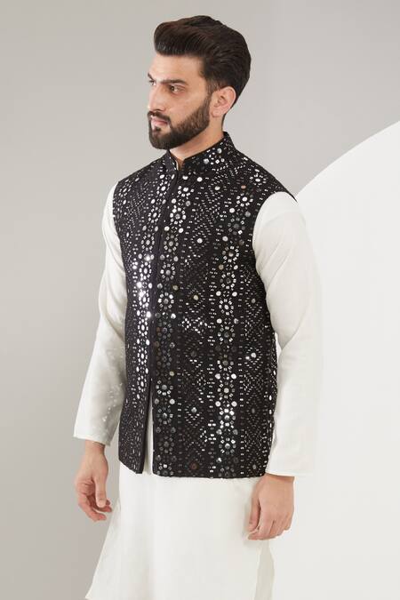 Buy_Kasbah_Black Silk Mirrors Embroidered Nehru Jacket _Online_at_Aza_Fashions