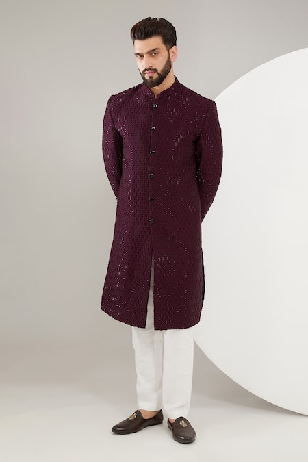 Kasbah Maroon Silk Embroidered Cutdana Thread And Embellished Sherwani Set 