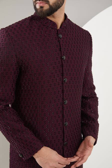 Kasbah_Maroon Silk Thread And Cuutdana Embellished Sherwani Set _Online_at_Aza_Fashions