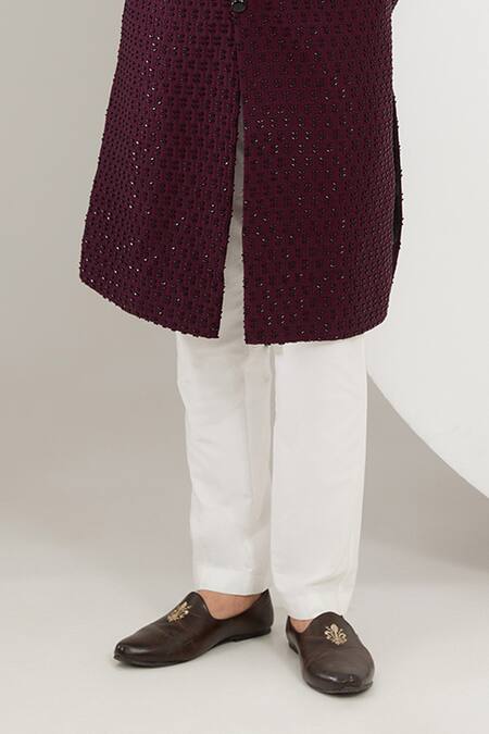 Buy_Kasbah_Maroon Silk Thread And Cuutdana Embellished Sherwani Set _Online_at_Aza_Fashions