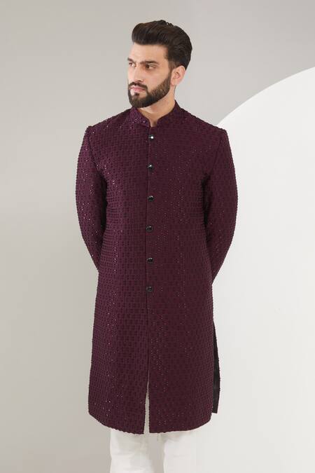 Shop_Kasbah_Maroon Silk Thread And Cuutdana Embellished Sherwani Set _Online_at_Aza_Fashions