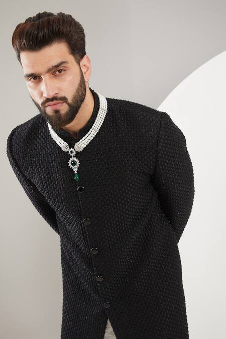 Kasbah_Black Velvet, Cotton Cut Work, Embroidery Cutdana Sherwani Set _Online_at_Aza_Fashions