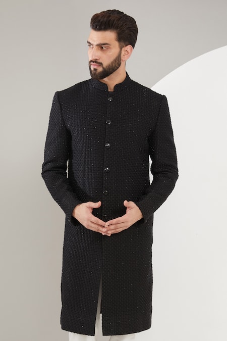 Shop_Kasbah_Black Velvet, Cotton Cut Work, Embroidery Cutdana Sherwani Set _Online_at_Aza_Fashions