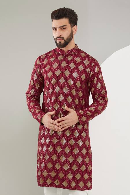 Buy_Kasbah_Maroon Silk Sequins, Embroidery Thread And Work Sherwani Set _Online_at_Aza_Fashions