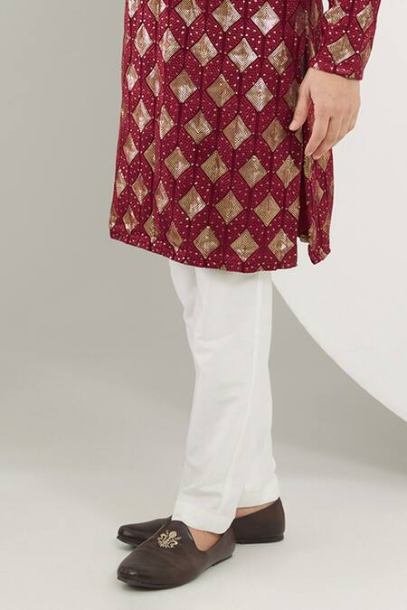 Shop_Kasbah_Maroon Silk Sequins, Embroidery Thread And Work Sherwani Set _Online_at_Aza_Fashions
