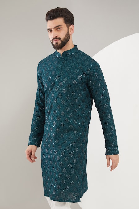 Buy_Kasbah_Blue Georgette, Cotton Sequins, Embroidery Chikankari Kurta Set _Online_at_Aza_Fashions