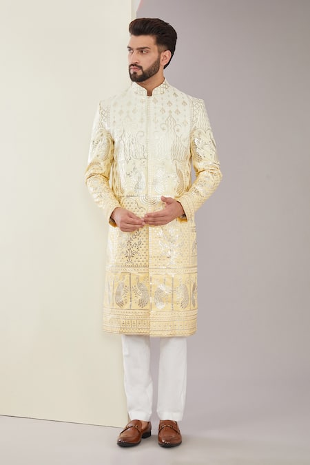 Kasbah Yellow Chanderi Silk Embroidered Floral And Bird Motif Sherwani Set 