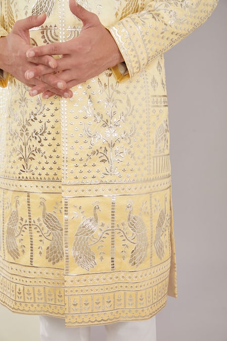 Kasbah_Yellow Silk, Embroidery Floral And Bird Motif Sherwani Set _Online_at_Aza_Fashions