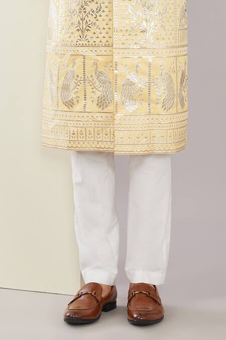 Buy_Kasbah_Yellow Silk, Embroidery Floral And Bird Motif Sherwani Set _Online_at_Aza_Fashions