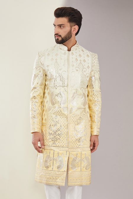 Shop_Kasbah_Yellow Silk, Embroidery Floral And Bird Motif Sherwani Set _Online_at_Aza_Fashions