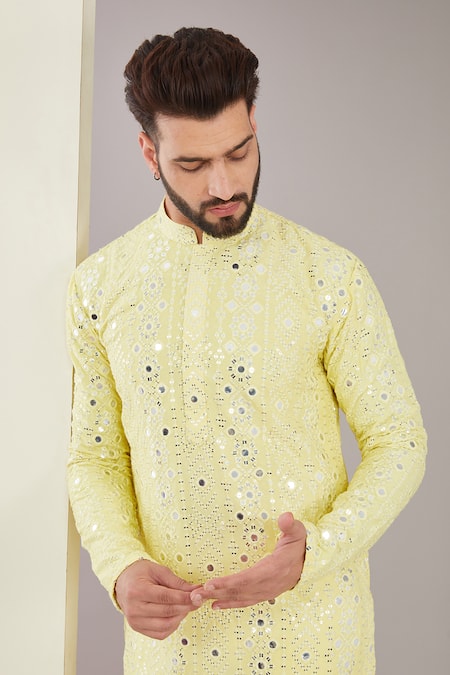 Kasbah_Yellow Silk, Cotton Mirrors, Sequins And Threadwork Kurta Set _Online_at_Aza_Fashions