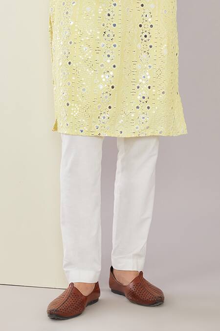 Buy_Kasbah_Yellow Silk, Cotton Mirrors, Sequins And Threadwork Kurta Set _Online_at_Aza_Fashions