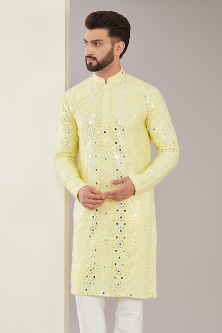 Shop_Kasbah_Yellow Silk, Cotton Mirrors, Sequins And Threadwork Kurta Set _Online_at_Aza_Fashions
