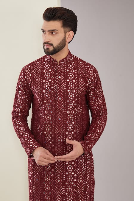 Kasbah_Maroon Silk, Cotton Mirrors, Sequins And Embroidered Kurta Set _Online_at_Aza_Fashions