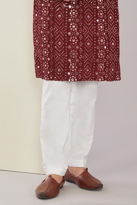 Buy_Kasbah_Maroon Silk, Cotton Mirrors, Sequins And Embroidered Kurta Set _Online_at_Aza_Fashions