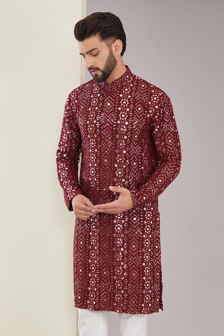 Shop_Kasbah_Maroon Silk, Cotton Mirrors, Sequins And Embroidered Kurta Set _Online_at_Aza_Fashions