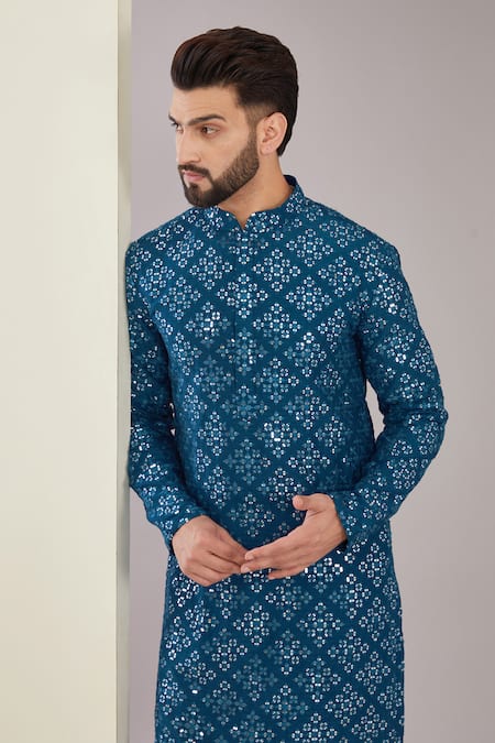 Kasbah_Blue Silk Mirrors, Sequins, Embroidery Thread And Kurta Set _Online_at_Aza_Fashions