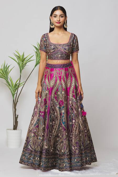 Samyukta Singhania_Pink Silk, Net Embroidery, Tassels, Pearls, Mirrors Floral Bridal Lehenga Set_at_Aza_Fashions