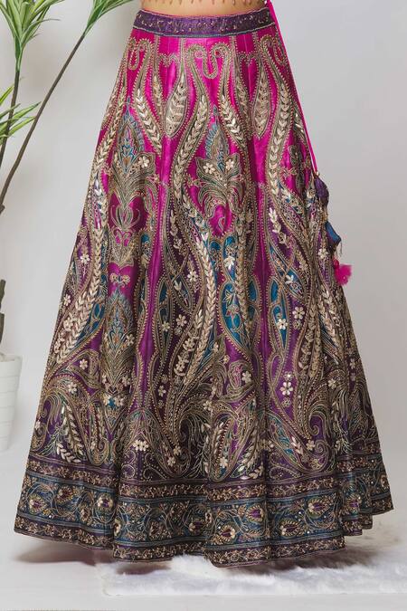 Buy_Samyukta Singhania_Pink Silk, Net Embroidery, Tassels, Pearls, Mirrors Floral Bridal Lehenga Set_Online_at_Aza_Fashions