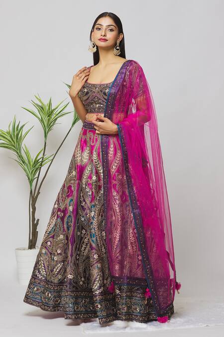 Shop_Samyukta Singhania_Pink Silk, Net Embroidery, Tassels, Pearls, Mirrors Floral Bridal Lehenga Set_Online_at_Aza_Fashions