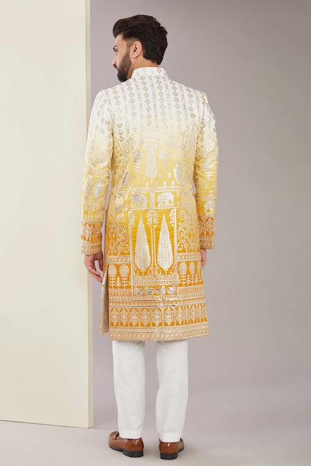 Shop_Kasbah_Yellow Chanderi Silk Embroidery Floral Applique Sherwani _at_Aza_Fashions