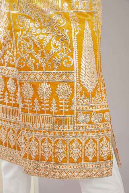 Kasbah_Yellow Chanderi Silk Embroidery Floral Applique Sherwani _Online_at_Aza_Fashions