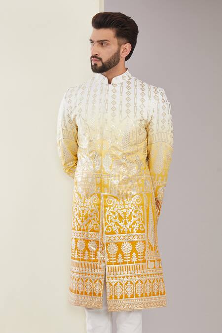 Buy_Kasbah_Yellow Chanderi Silk Embroidery Floral Applique Sherwani _Online_at_Aza_Fashions