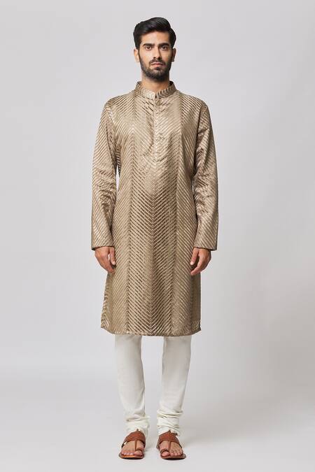 Nero By Shaifali And Satya_Brown Cotton Silk Embroidered Sequins Chevron Pattern Kurta And Churidar Set_Online_at_Aza_Fashions