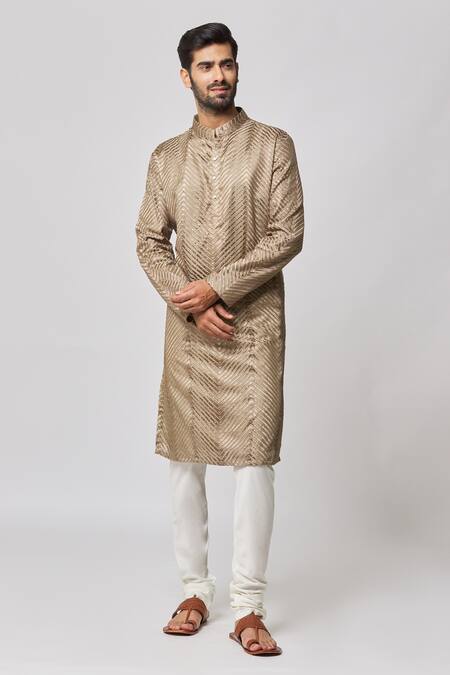 Buy_Nero By Shaifali And Satya_Brown Cotton Silk Embroidered Sequins Chevron Pattern Kurta And Churidar Set_Online_at_Aza_Fashions