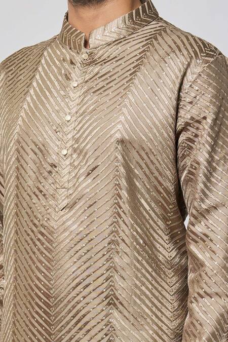 Shop_Nero By Shaifali And Satya_Brown Cotton Silk Embroidered Sequins Chevron Pattern Kurta And Churidar Set_Online_at_Aza_Fashions