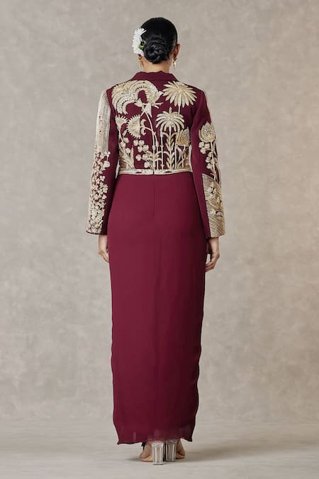 Shop Masaba Purple Kota Doria, Georgette Embroidery Square Son Chidiya Blazer Skirt Set at Aza Fashions Shop_Masaba_Purple Kota Doria, Georgette Embroidery Square Son Chidiya Blazer Skirt Set_at_Aza_Fashions