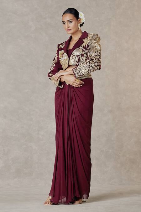 Shop Masaba Purple Kota Doria, Georgette Embroidery Square Son Chidiya Blazer Skirt Set Online at Aza Fashions Shop_Masaba_Purple Kota Doria, Georgette Embroidery Square Son Chidiya Blazer Skirt Set_Online_at_Aza_Fashions