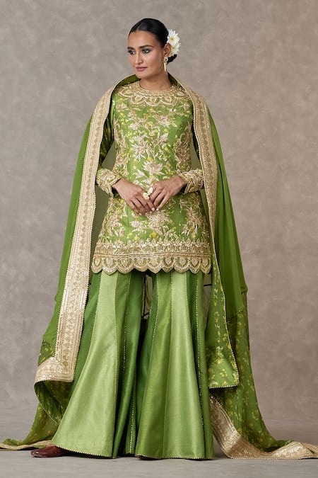 Masaba Green Kurta And Sharara Raw Silk Printed & Embroidered Narangi Bagh Set 