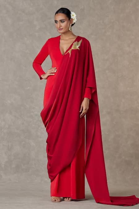 Masaba Red Heavy Crepe Embroidered Dori And Sitara Work Son Chidiya Draped Saree Gown
