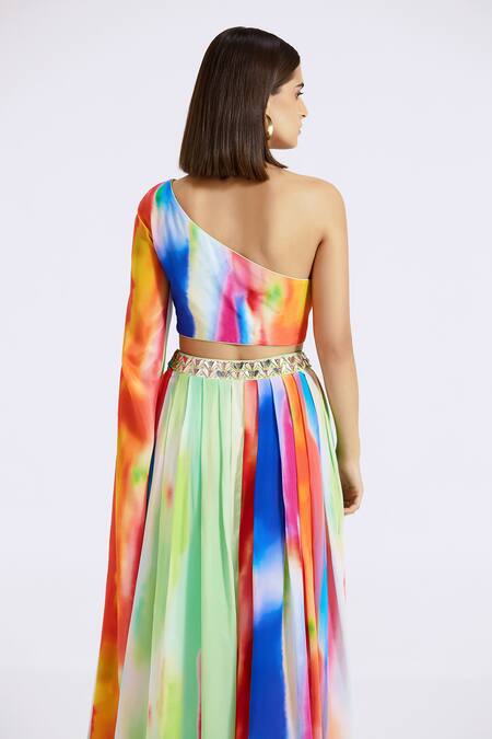 Shop_Basanti - Kapde Aur Koffee_Multi Color Crepe Sequins One Shoulder Abstract Print Top With Skirt_Online_at_Aza_Fashions
