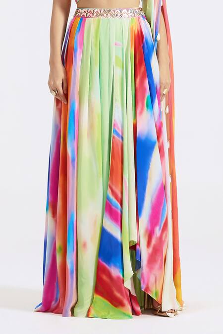 Basanti - Kapde Aur Koffee_Multi Color Crepe Sequins One Shoulder Abstract Print Top With Skirt_Online_at_Aza_Fashions