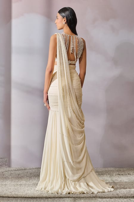 Shop_Tarun Tahiliani_Ivory Blouse Silk Dupion Embellished Pearl Boat Neck Concept Saree With _at_Aza_Fashions