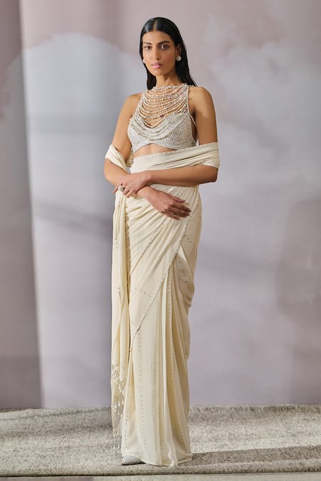 Tarun Tahiliani_Ivory Blouse Silk Dupion Embellished Pearl Boat Neck Concept Saree With _Online_at_Aza_Fashions