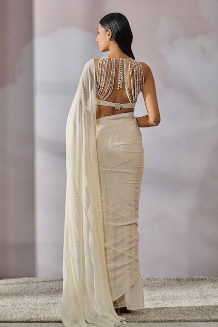 Buy_Tarun Tahiliani_Ivory Blouse Silk Dupion Embellished Pearl Boat Neck Concept Saree With _Online_at_Aza_Fashions